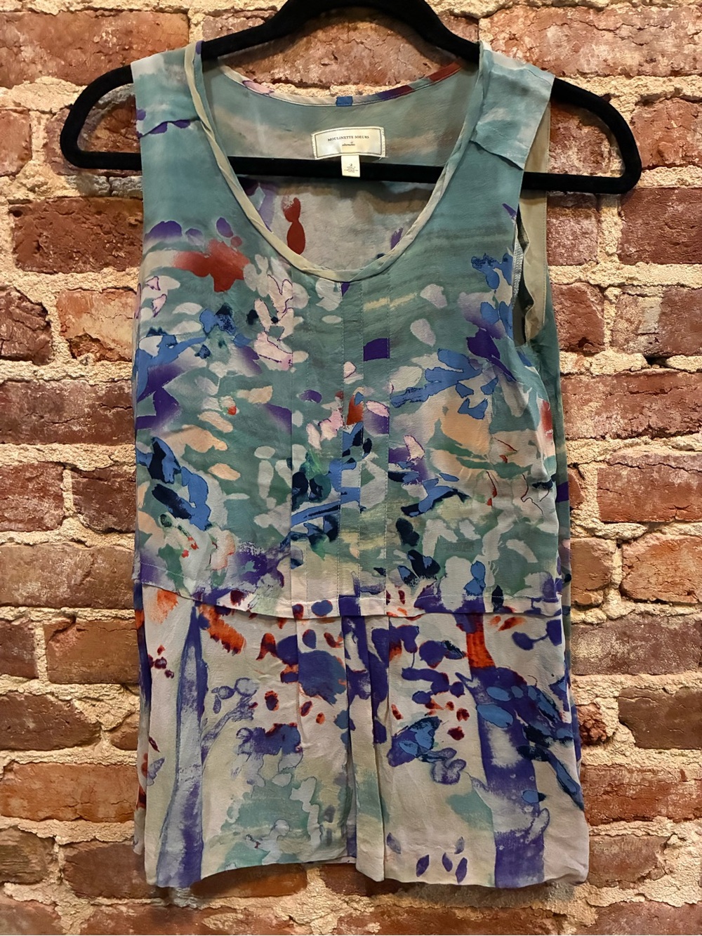 Anthropologie Sleeveless Floral Watercolor Print Blouse in Teal, Blue & Coral